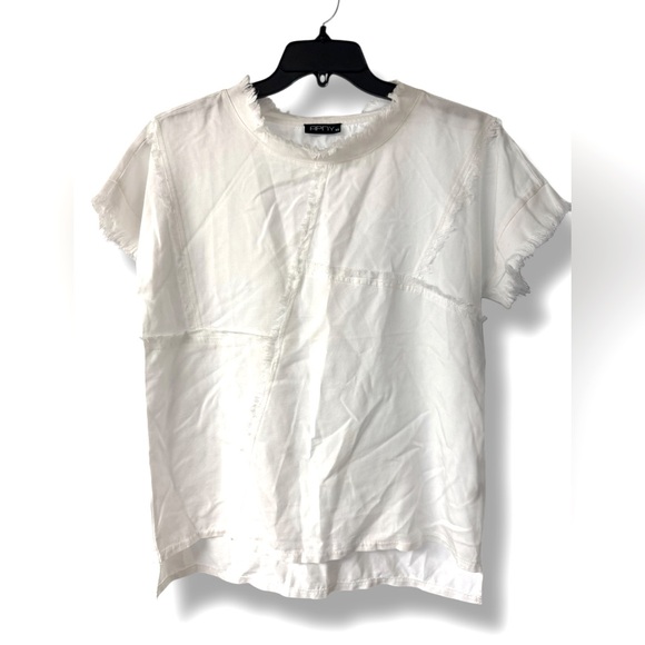 APNY White Size XS Seamed Short Sleeve Top Oversize Fringed 100% Tencel NWOT $72 - Picture 1 of 7
